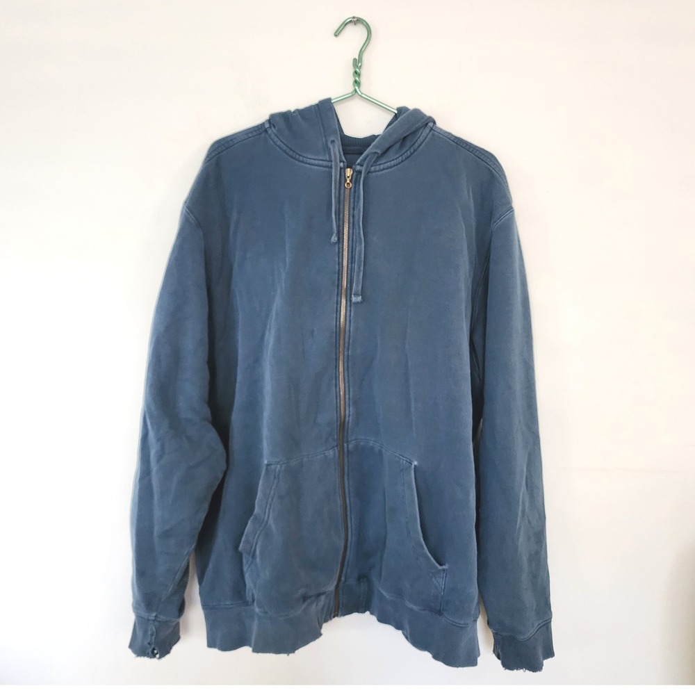 ☘️ LL Bean Mens Blue Waffle Lined Hoodie Distressed Grunge Thermal Sweatshirt XL